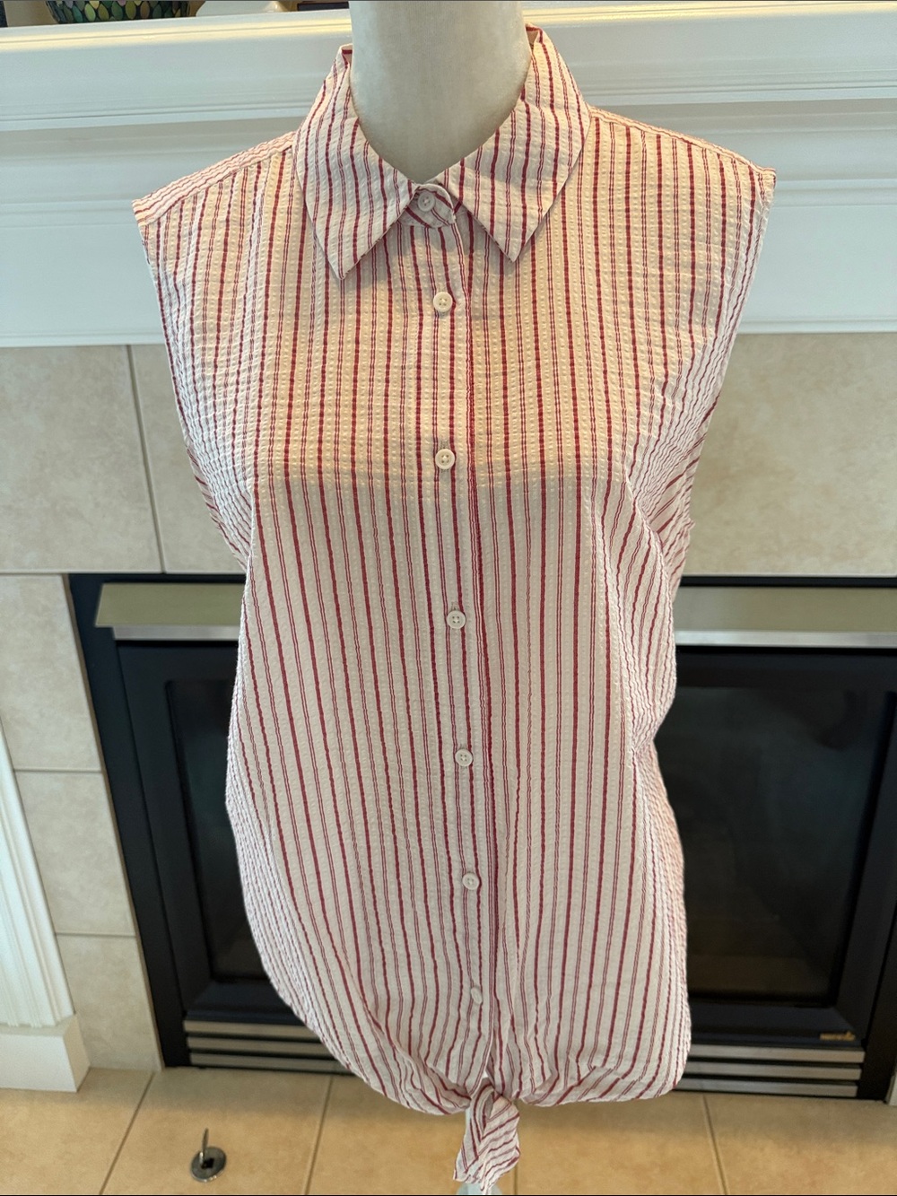 POPSUGAR White and Red Striped Sleeveless Button-Front Tie-Hem Shirt
